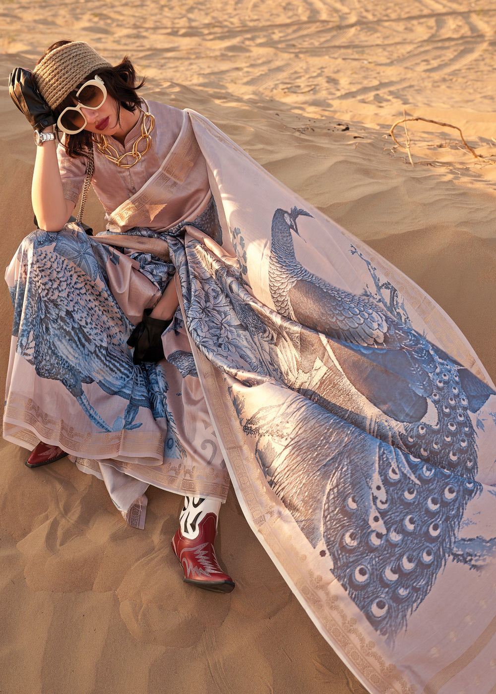 Beige & Blue Elegant Tussar Silk Blend Saree with Blouse Piece ClothsVilla