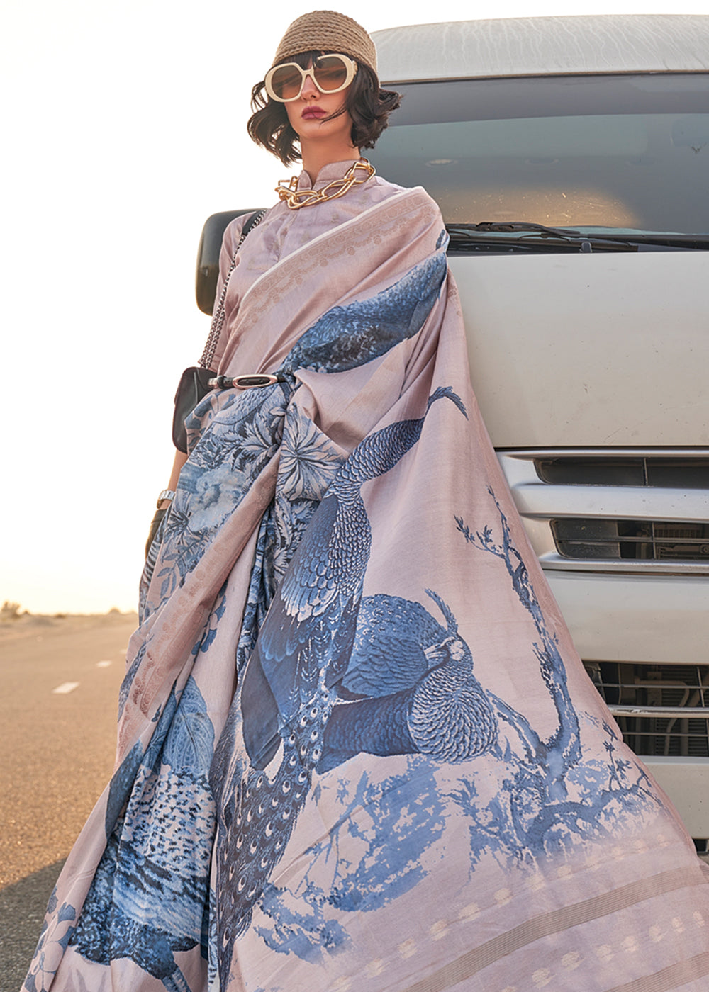 Beige & Blue Elegant Tussar Silk Blend Saree with Blouse Piece ClothsVilla