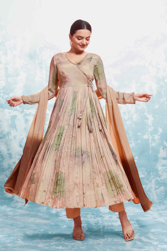 Beige Chinon Silk Dress with Printed Work and Matching Dupatta – Ready to Wear ClothsVilla