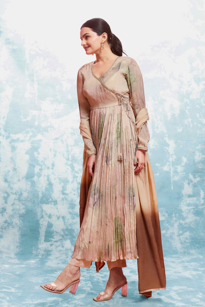 Beige Chinon Silk Dress with Printed Work and Matching Dupatta – Ready to Wear ClothsVilla