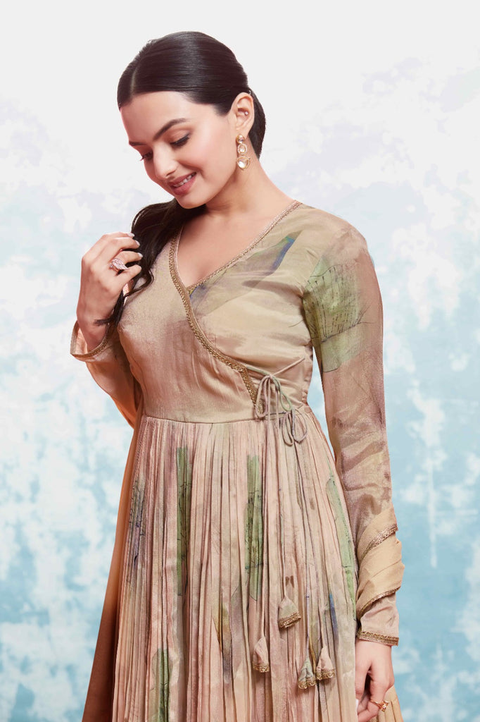 Beige Chinon Silk Dress with Printed Work and Matching Dupatta – Ready to Wear ClothsVilla