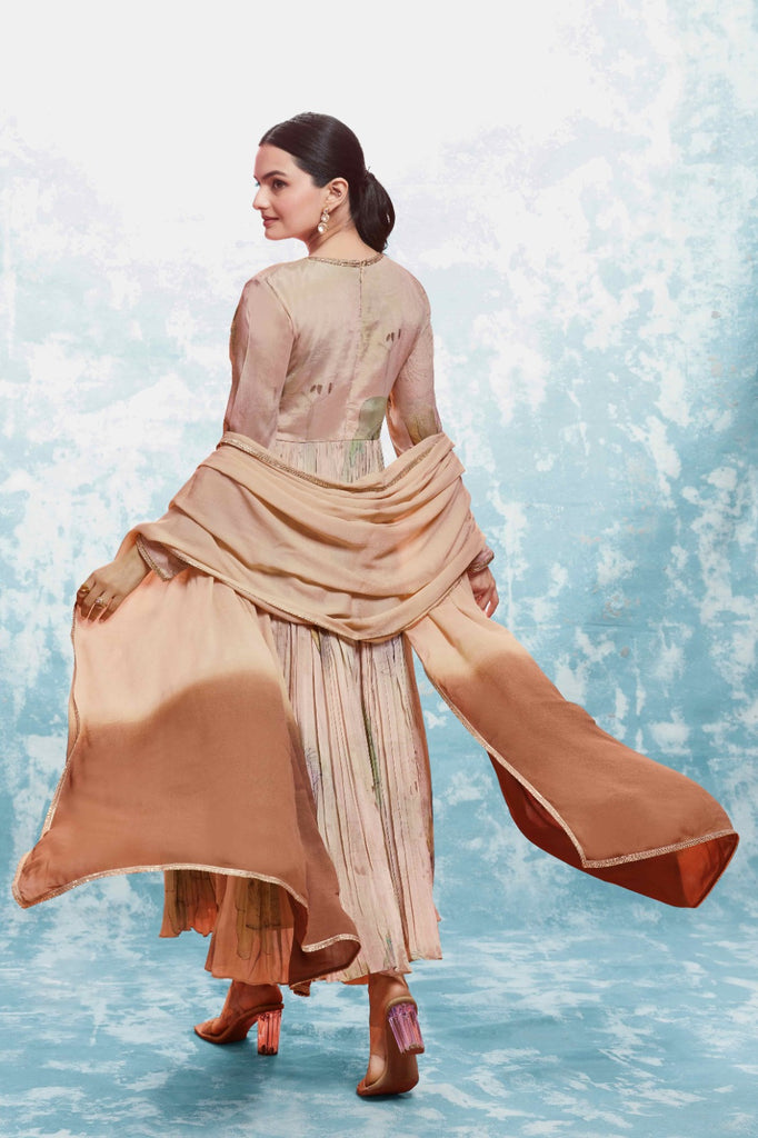 Beige Chinon Silk Dress with Printed Work and Matching Dupatta – Ready to Wear ClothsVilla