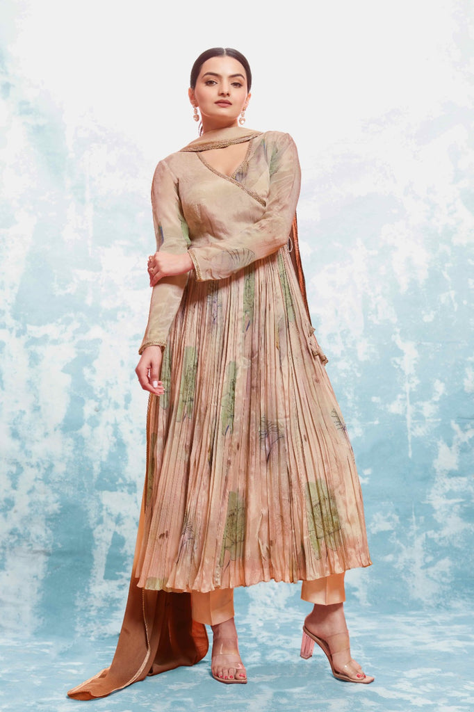 Beige Chinon Silk Dress with Printed Work and Matching Dupatta – Ready to Wear ClothsVilla