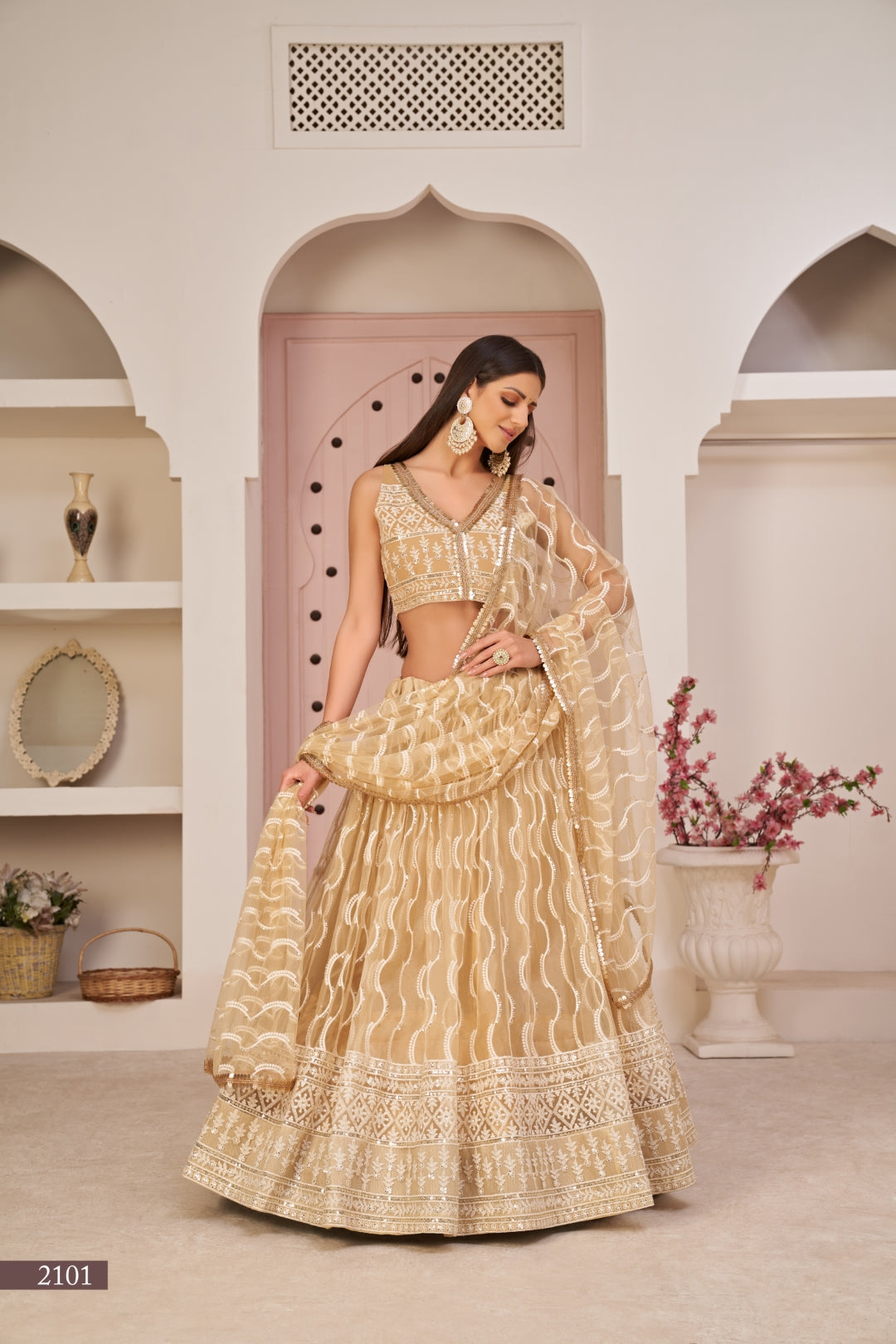 Beige Chiqu Butterfly Net Lehenga with White Cotton Thread, Zari, and Sandwich Sequence Embroidery ClothsVilla Main image