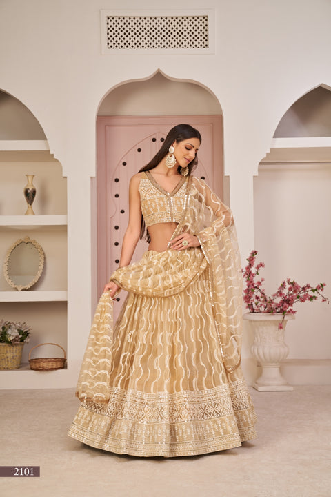 Beige Chiqu Butterfly Net Lehenga with White Cotton Thread, Zari, and Sandwich Sequence Embroidery ClothsVilla Main image