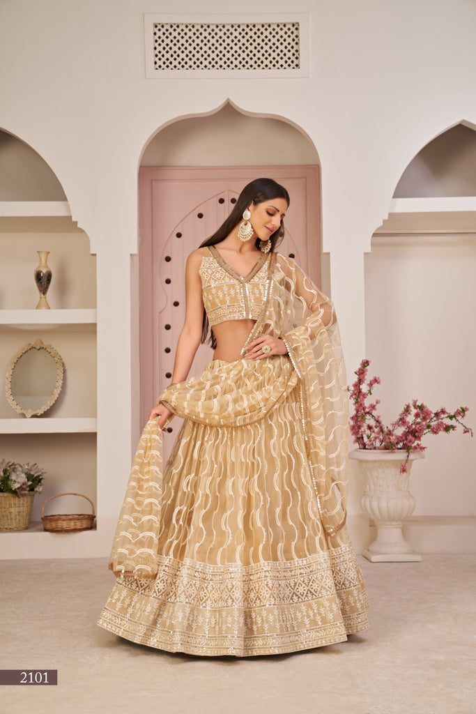 Beige Chiqu Butterfly Net Lehenga with White Cotton Thread, Zari, and Sandwich Sequence Embroidery ClothsVilla