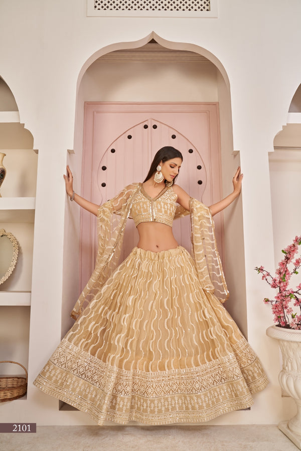 Beige Chiqu Butterfly Net Lehenga with White Cotton Thread, Zari, and Sandwich Sequence Embroidery ClothsVilla