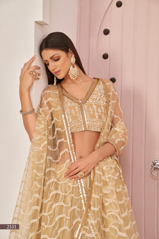 Beige Chiqu Butterfly Net Lehenga with White Cotton Thread, Zari, and Sandwich Sequence Embroidery ClothsVilla