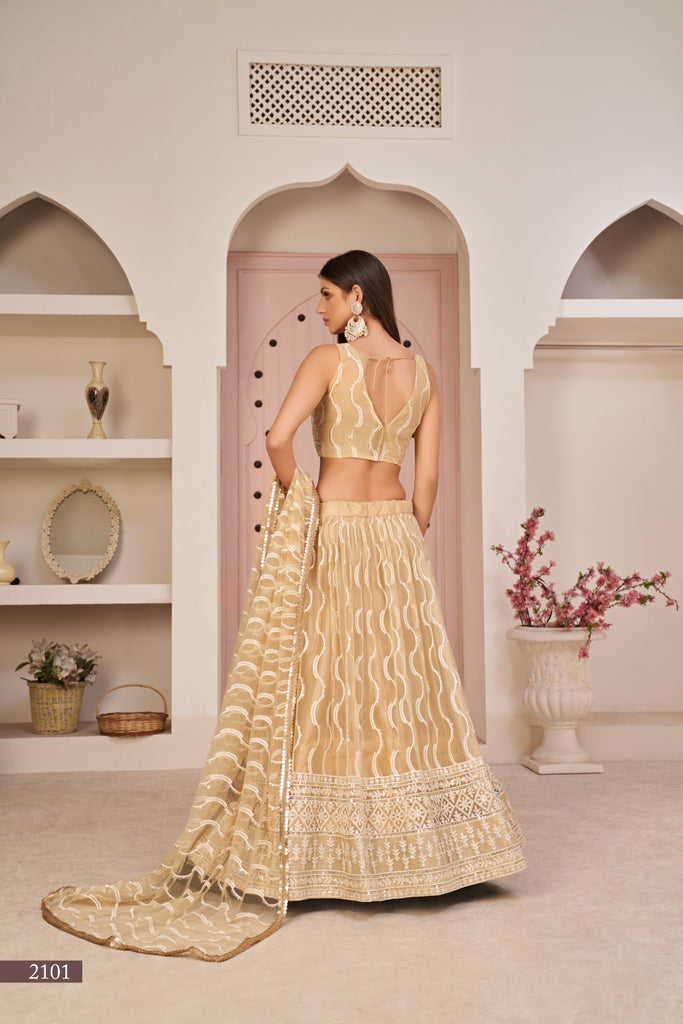 Beige Chiqu Butterfly Net Lehenga with White Cotton Thread, Zari, and Sandwich Sequence Embroidery ClothsVilla