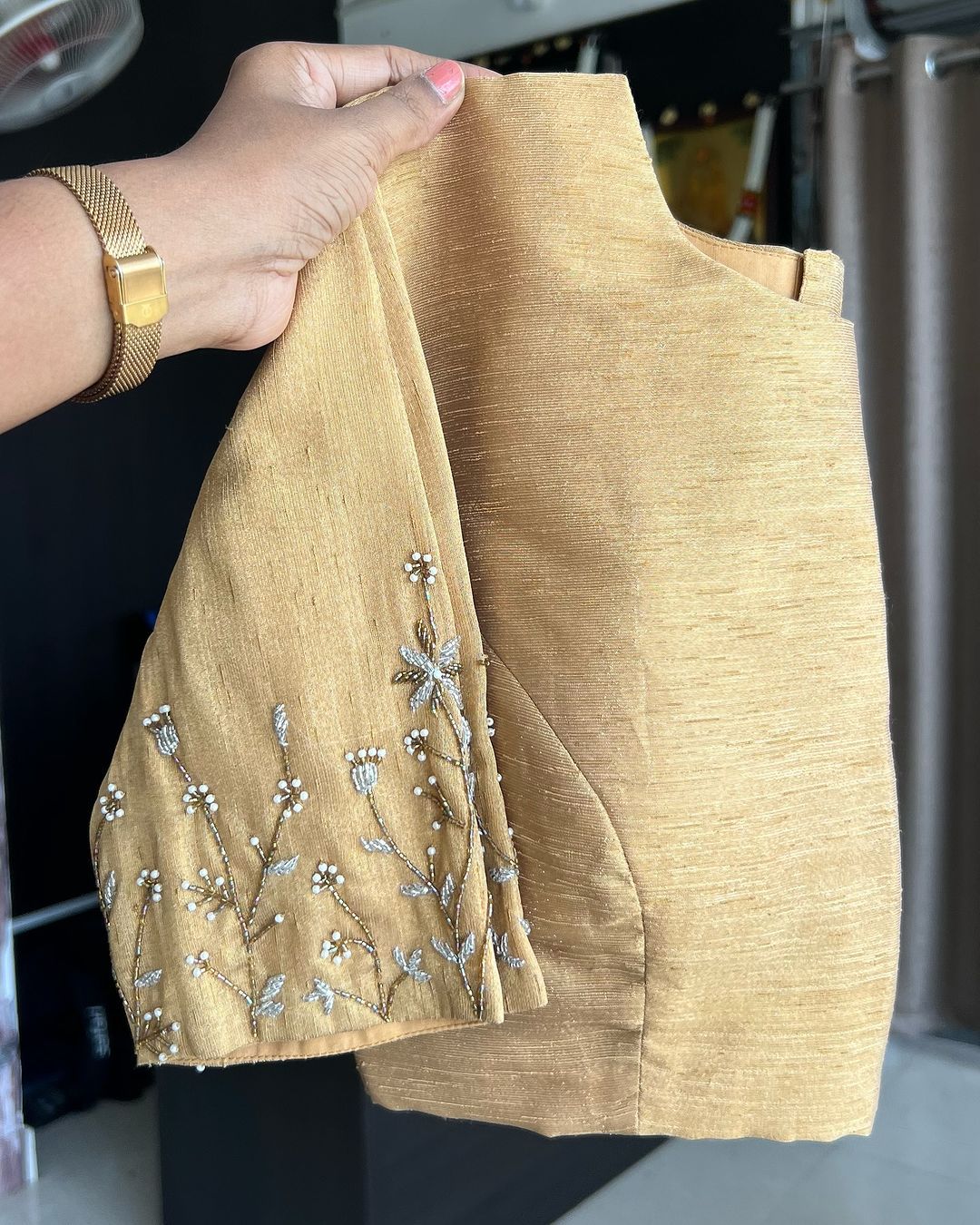 Beige Color Elzara Silk Blouse with Beautiful Handwork on Sleeves ClothsVilla Main image