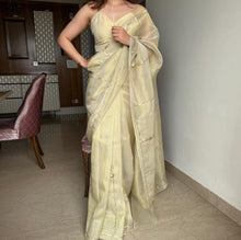 Load image into Gallery viewer, Beige Color Tissue Jimmy Choo Saree with Exquisite Handwork – Complete with Running Blouse ClothsVilla