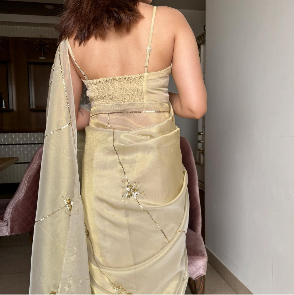 Beige Color Tissue Jimmy Choo Saree with Exquisite Handwork – Complete with Running Blouse ClothsVilla