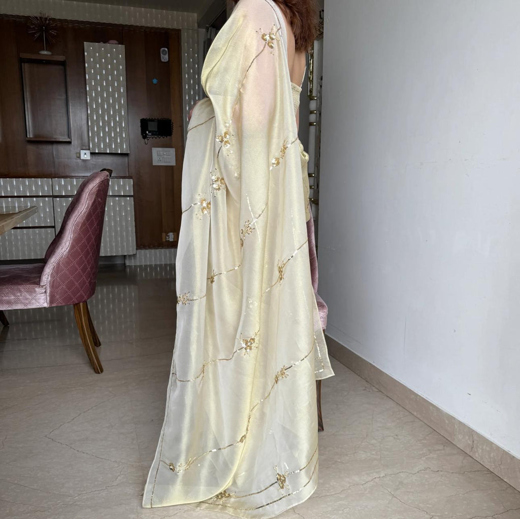 Beige Color Tissue Jimmy Choo Saree with Exquisite Handwork – Complete with Running Blouse ClothsVilla