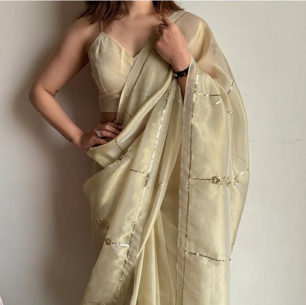 Beige Color Tissue Jimmy Choo Saree with Exquisite Handwork – Complete with Running Blouse ClothsVilla