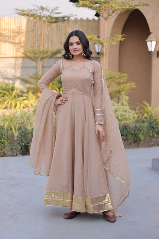Beige Crunchy Gown with Rich Mirror Lace Work ClothsVilla