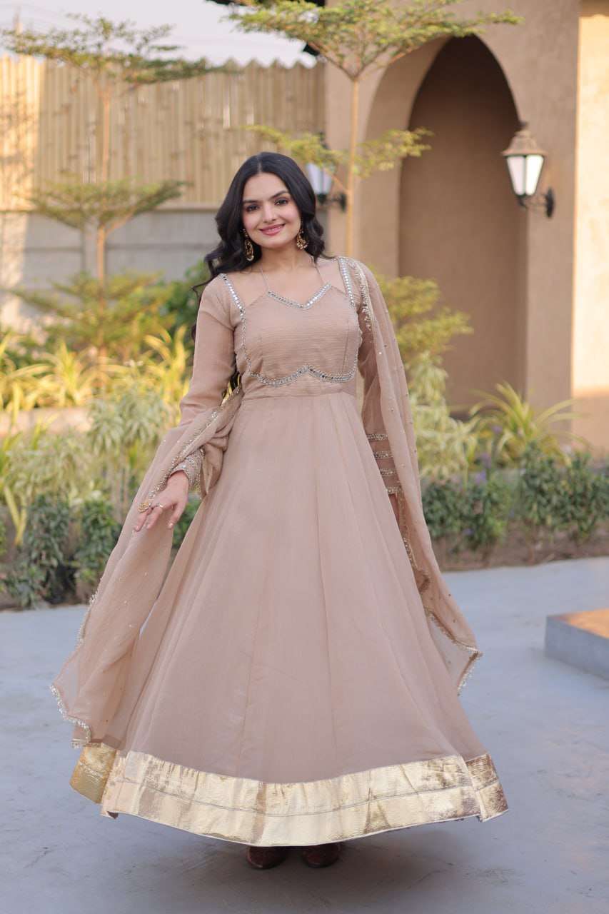 Beige Crunchy Gown with Rich Mirror Lace Work ClothsVilla