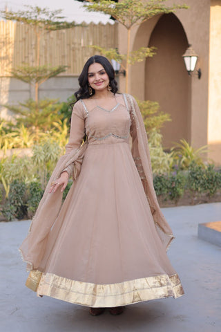 Beige Crunchy Gown with Rich Mirror Lace Work ClothsVilla