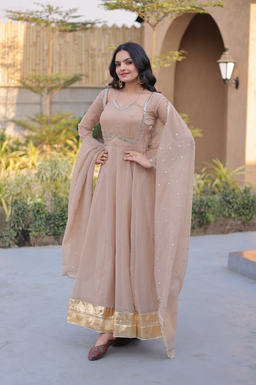 Beige Crunchy Gown with Rich Mirror Lace Work ClothsVilla