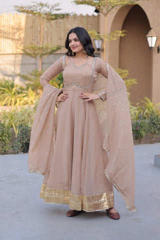 Beige Crunchy Gown with Rich Mirror Lace Work ClothsVilla