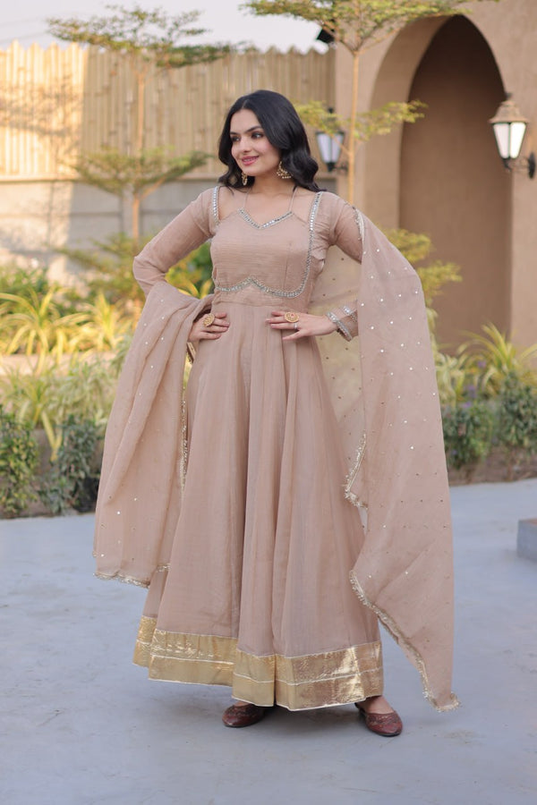 Beige Crunchy Gown with Rich Mirror Lace Work ClothsVilla
