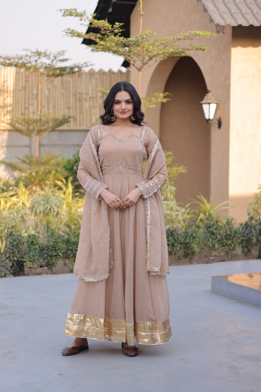Beige Crunchy Gown with Rich Mirror Lace Work ClothsVilla