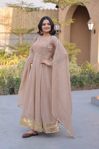 Beige Crunchy Gown with Rich Mirror Lace Work ClothsVilla