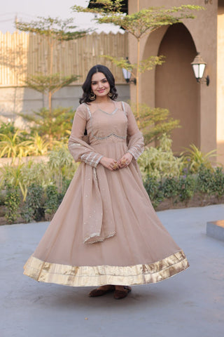 Beige Crunchy Gown with Rich Mirror Lace Work ClothsVilla