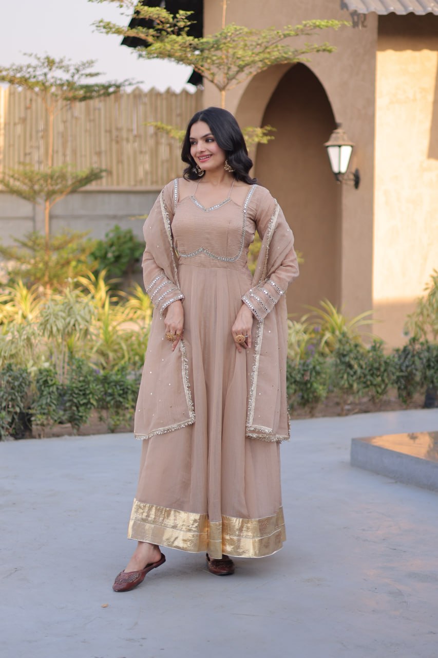 Beige Crunchy Gown with Rich Mirror Lace Work ClothsVilla