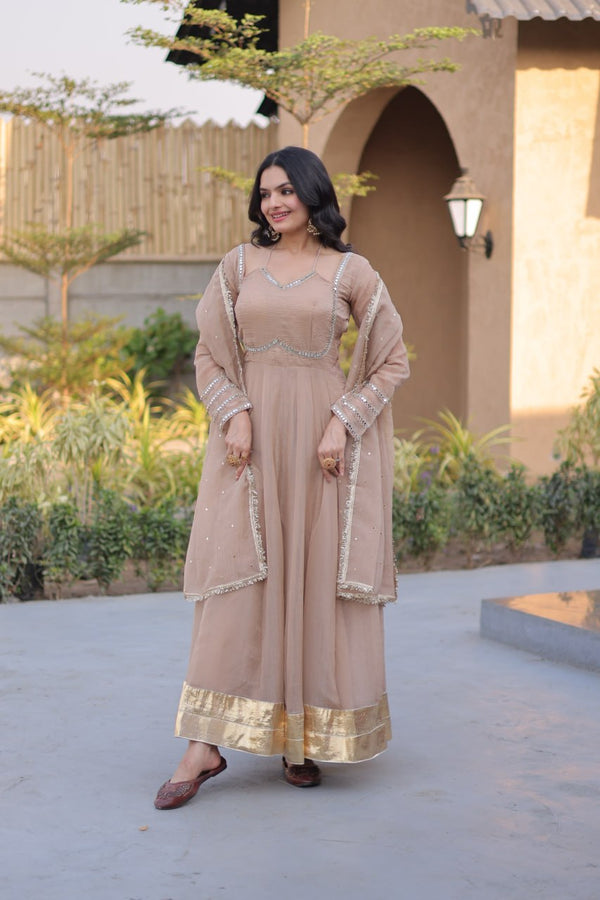 Beige Crunchy Gown with Rich Mirror Lace Work ClothsVilla