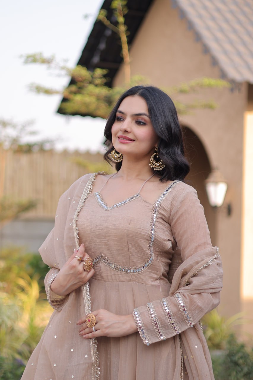 Beige Crunchy Gown with Rich Mirror Lace Work ClothsVilla