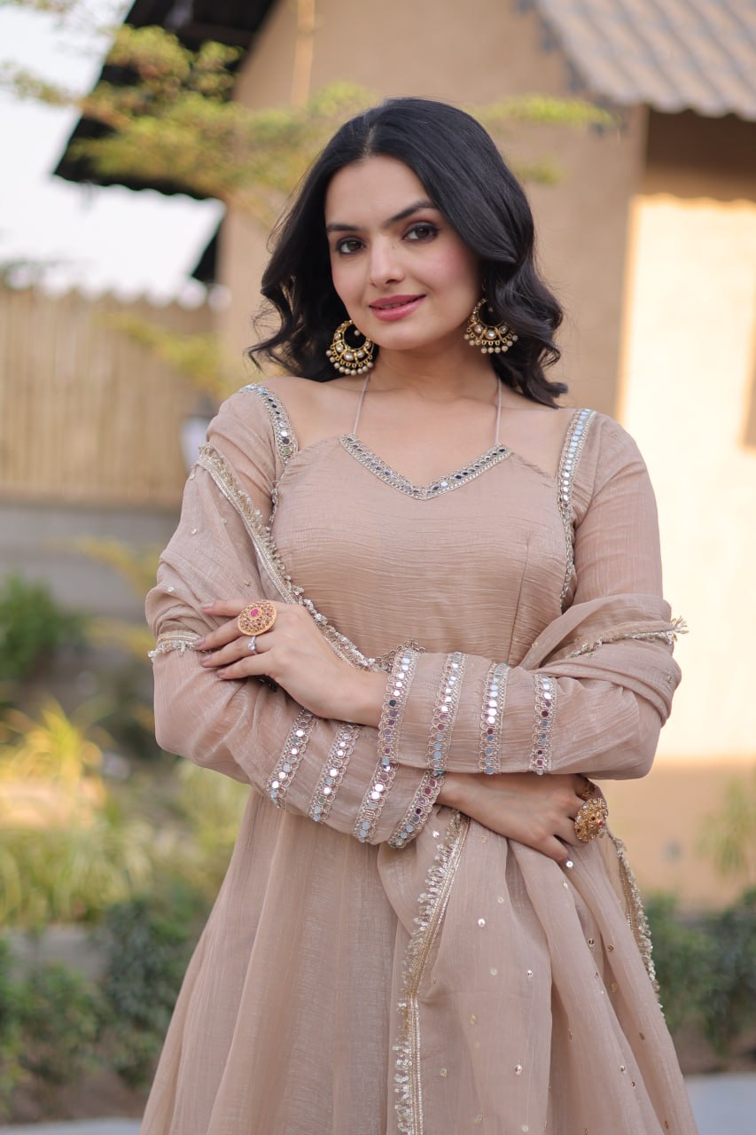 Beige Crunchy Gown with Rich Mirror Lace Work ClothsVilla