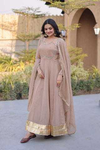 Beige Crunchy Gown with Rich Mirror Lace Work ClothsVilla