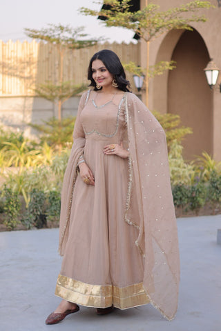 Beige Crunchy Gown with Rich Mirror Lace Work ClothsVilla