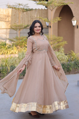 Beige Crunchy Gown with Rich Mirror Lace Work ClothsVilla