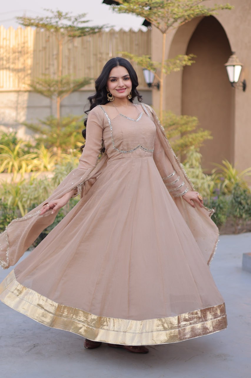 Beige Crunchy Gown with Rich Mirror Lace Work ClothsVilla
