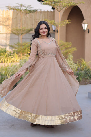 Beige Crunchy Gown with Rich Mirror Lace Work ClothsVilla