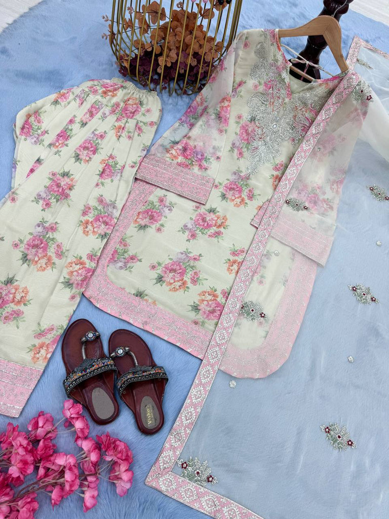 Beige Designer Digital Print Georgette Farshi Plazzo Set with 3mm Sequin Embroidery & Tabby Silk Dupatta ClothsVilla