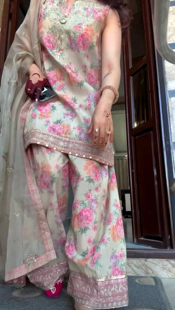 Beige Designer Digital Print Georgette Farshi Plazzo Set with 3mm Sequin Embroidery & Tabby Silk Dupatta ClothsVilla