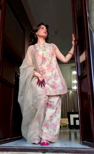 Beige Designer Digital Print Georgette Farshi Plazzo Set with 3mm Sequin Embroidery & Tabby Silk Dupatta ClothsVilla