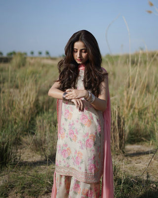 Beige Designer Digital Print Georgette Farshi Plazzo Set with 3mm Sequin Embroidery & Tabby Silk Dupatta ClothsVilla