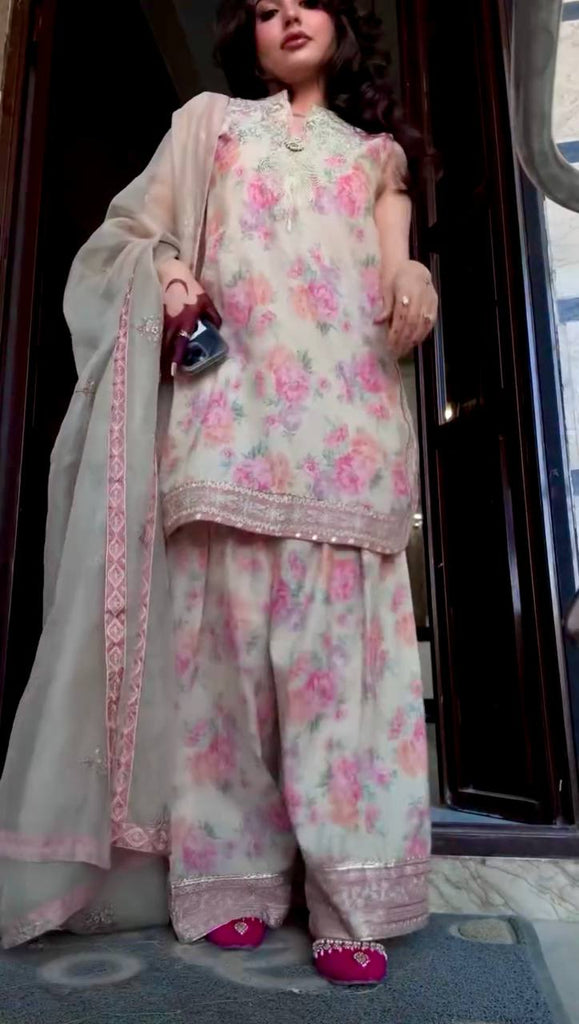 Beige Designer Digital Print Georgette Farshi Plazzo Set with 3mm Sequin Embroidery & Tabby Silk Dupatta ClothsVilla