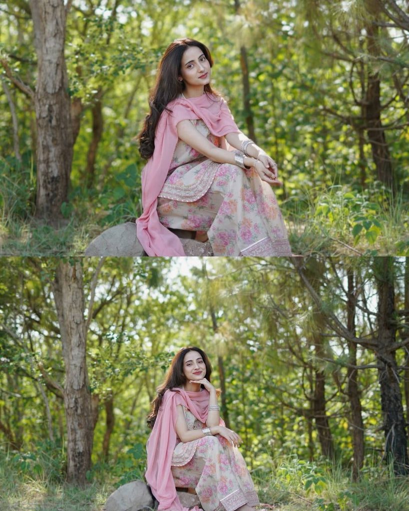 Beige Designer Digital Print Georgette Farshi Plazzo Set with 3mm Sequin Embroidery & Tabby Silk Dupatta ClothsVilla