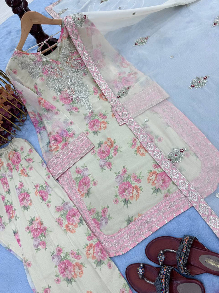 Beige Designer Digital Print Georgette Farshi Plazzo Set with 3mm Sequin Embroidery & Tabby Silk Dupatta ClothsVilla