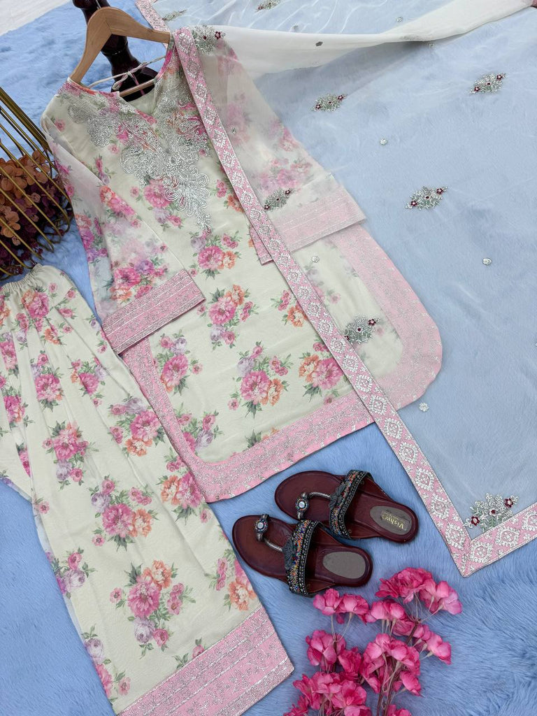 Beige Designer Digital Print Georgette Farshi Plazzo Set with 3mm Sequin Embroidery & Tabby Silk Dupatta ClothsVilla