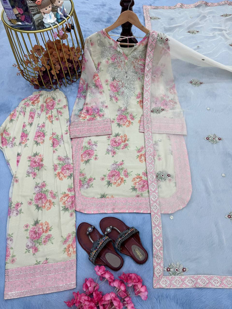 Beige Designer Digital Print Georgette Farshi Plazzo Set with 3mm Sequin Embroidery & Tabby Silk Dupatta ClothsVilla