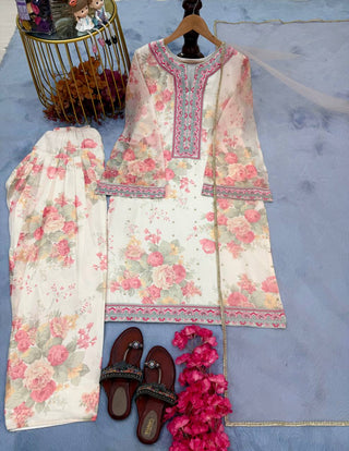 Beige Designer Digital Printed Georgette Suit Set with Farshi Plazzo & Net Dupatta ClothsVilla