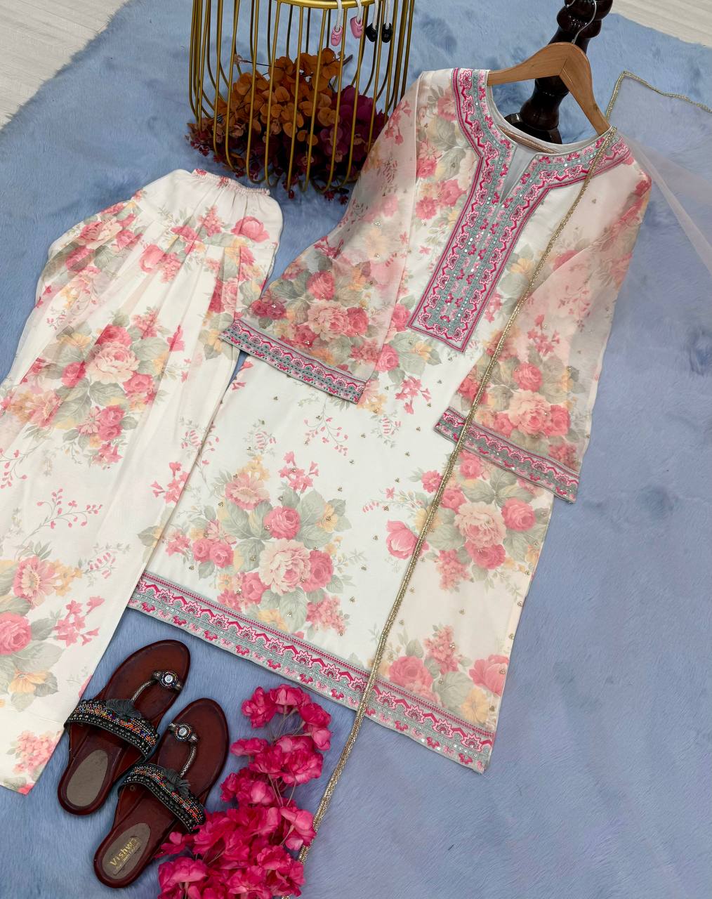 Beige Designer Digital Printed Georgette Suit Set with Farshi Plazzo & Net Dupatta ClothsVilla