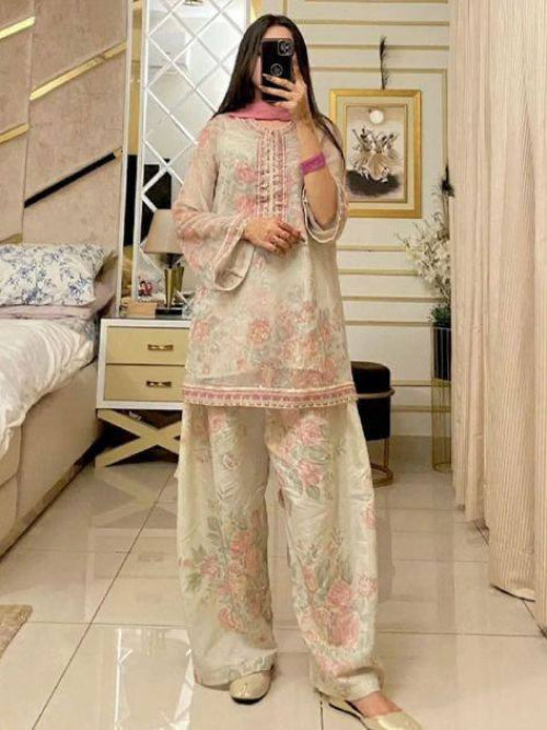 Beige Designer Digital Printed Georgette Suit Set with Farshi Plazzo & Net Dupatta ClothsVilla