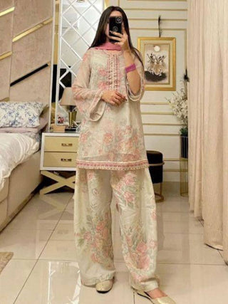 Beige Designer Digital Printed Georgette Suit Set with Farshi Plazzo & Net Dupatta ClothsVilla