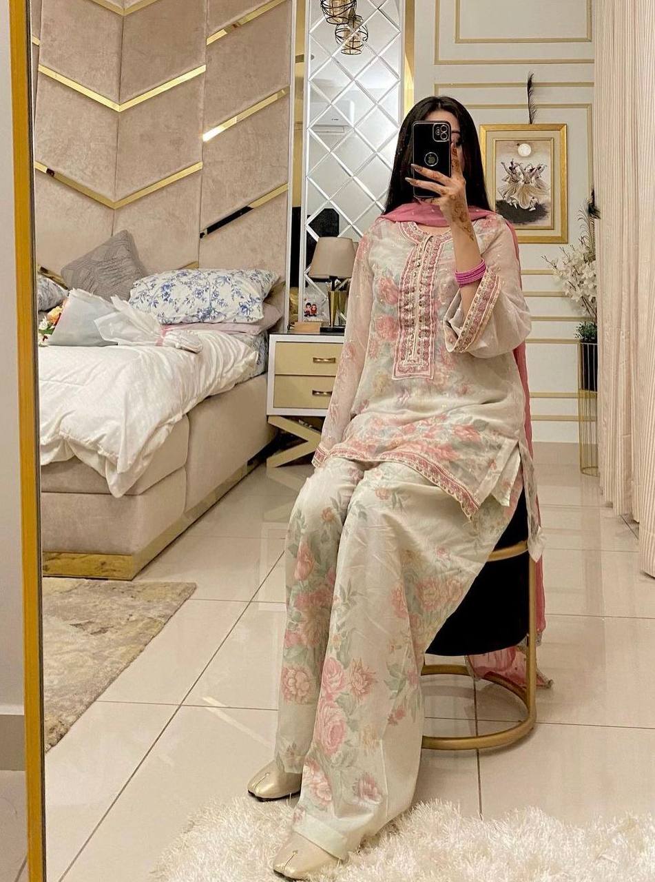 Beige Designer Digital Printed Georgette Suit Set with Farshi Plazzo & Net Dupatta Secondary image